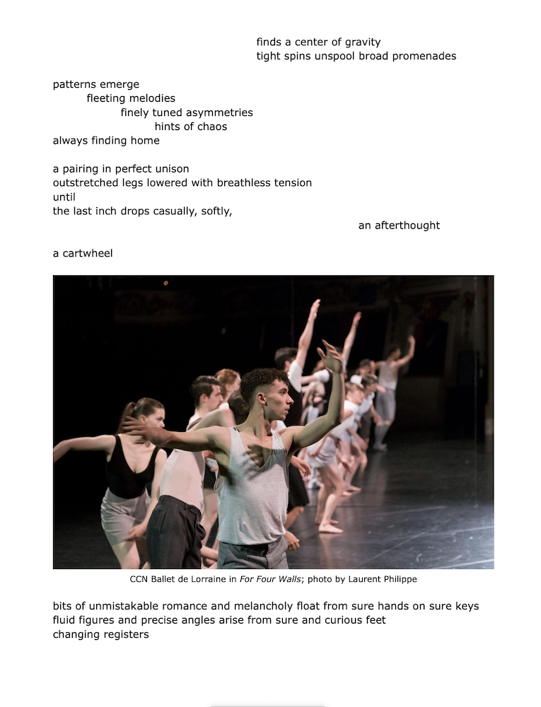 the company on stage in a more ordered fashion seem to be involved in an exercise at an unseen ballet barre